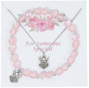 PINK CATS EYE/ANGEL BRACELET & NECKLACE