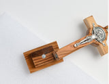 ST BENEDICT 5" OLIVE WOOD CRUCIFIX WITH BASE