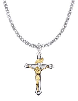 TWO-TONE STERLING SILVER BUDDED CRUCIFIX NECKLACE