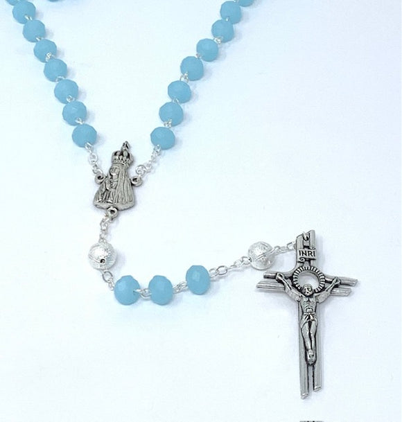 BLUE GLASS/SILVER ROSARY WITH FATIMA CENTER