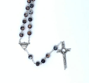 GREY/CORAL GLASS FATIMA ROSARY