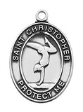 GIRLS GYMNASTICS PRAYER CARD SET: PEWTER MEDAL WITH 18" SILVERTONE CHAIN & LAMINATED HOLY CARD