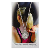 GIRLS GYMNASTICS PRAYER CARD SET: PEWTER MEDAL WITH 18" SILVERTONE CHAIN & LAMINATED HOLY CARD