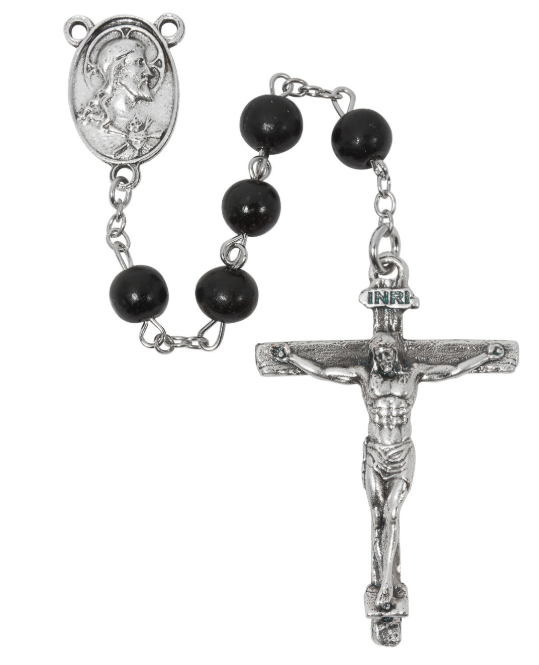 BLACK WOOD SACRED HEART ROSARY