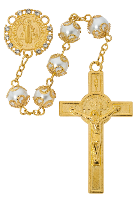 8MM GOLD TONE PEARL ST. BENEDICT ROSARY