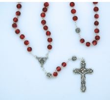 RED GLASS ROSARY WITH ROSES
