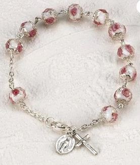 CRYSTAL ROSARY BRACELET (PINK ROSE PAINTED BEADS) WITH MIRACULOUS MEDAL & CRUCIFIX