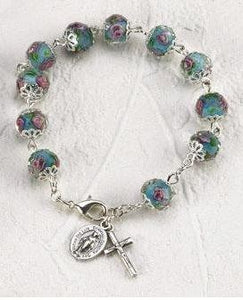 LIGHT BLUE CRYSTAL ROSARY BRACELET WITH PINK PAINTED BEADS