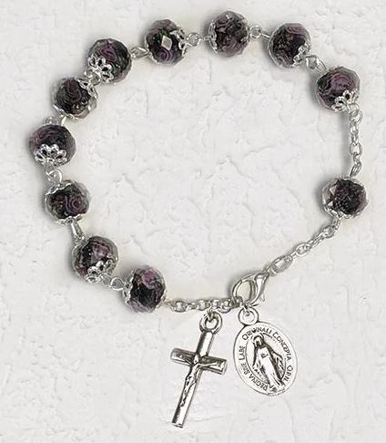 BLACK CRYSTAL ROSARY BRACELET WITH MIRACULOUS MEDAL & CRUCIFIX