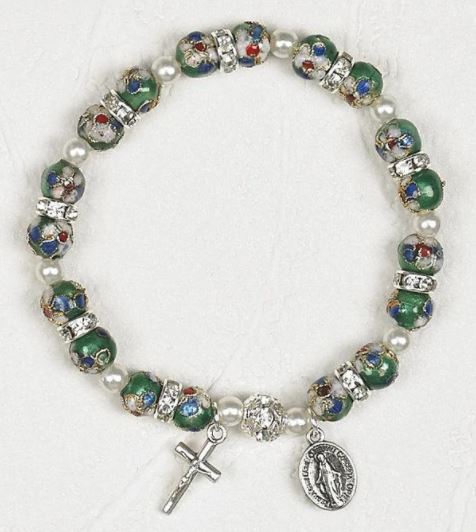 GREEN CLOISONNE BRACELET WITH MIRACULOUS MEDAL & CRUCIFIX