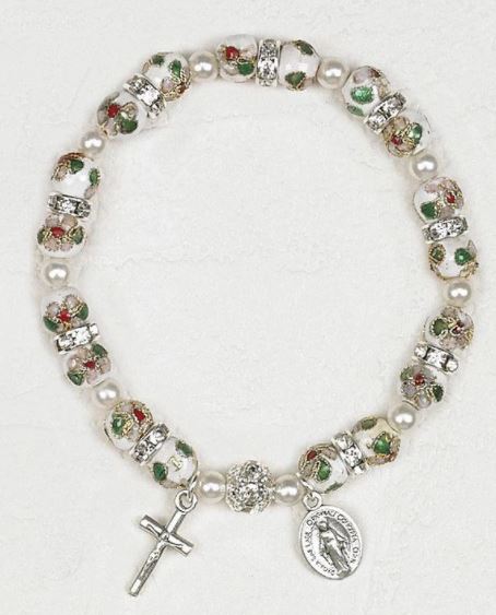 WHITE CLOISSONE STRETCH BRACELET WITH MIRACULOUS MEDAL AND CRUCIFIX