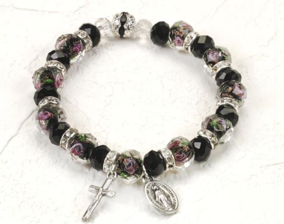 BLACK CRYSTAL STRETCH BRACELET WITH MIRACULOUS MEDAL & CRUCIFIX