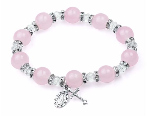 ROSE GLASS STRETCH BRACELET WITH CRUCIFIX & MIRACULOUS MEDAL CHARM