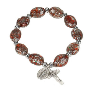 RED OVAL MURANO GLASS ROSARY BRACELET WITH MIRACULOUS MEDAL & CRUCIFIX