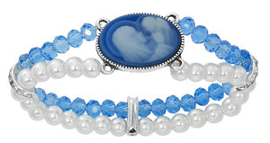 BLUE CRYSTAL & PEARL (STRETCH) MOTHER & CHILD CAMEO BRACELET