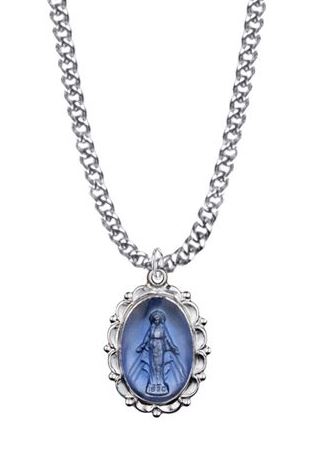 3/4 INCH STERLING SILVER BLUE ENAMEL MIRACULOUS MEDAL NECKLACE