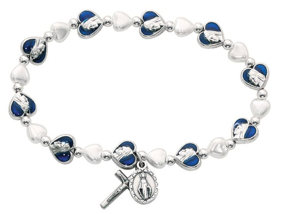 BLUE ENAMEL HEART BRACELET WITH MIRACULOUS MEDAL AND CUCIFIX