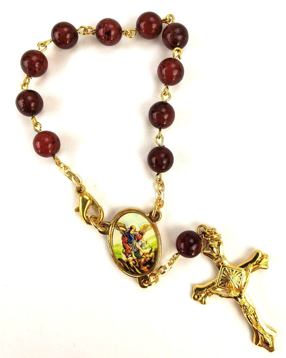 ST MICHAEL ROSE COLORED AUTO ROSARY