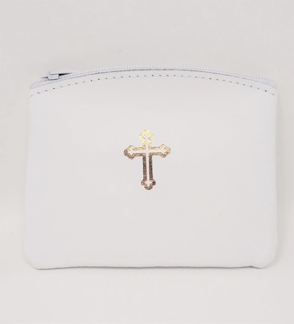 WHITE LEATHER ROSARY POUCH WITH CROSS